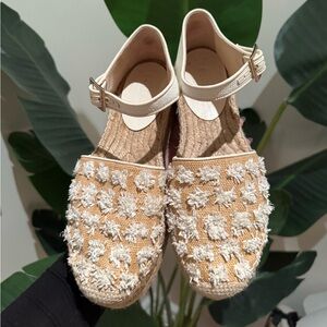 Jimmy Choo Beige and White Platform Espadrille Sandals (Size 37)